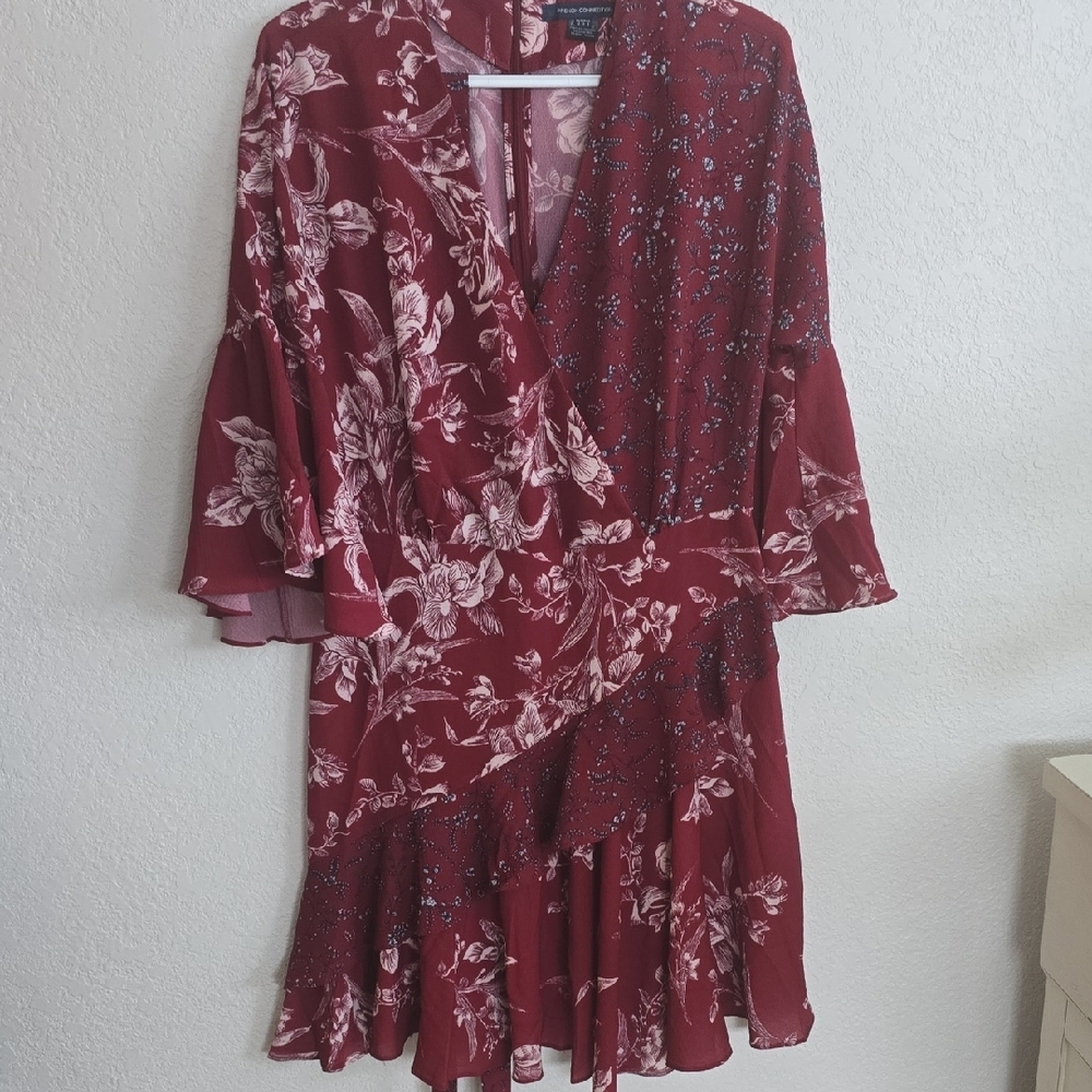French Connection Wine Red Floral Wrap Dress with Ruffle Detail - Picture 6 of 6